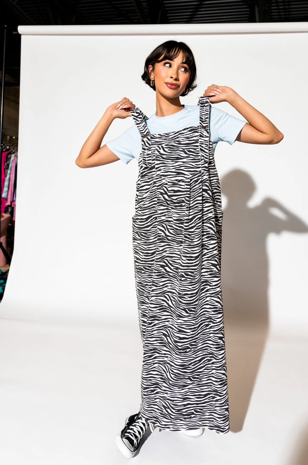 Can't Tame Me Denim Overall Dress in Zebra Stripes - Image 12