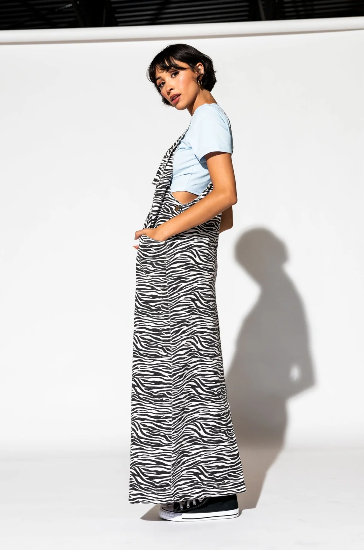 Can't Tame Me Denim Overall Dress in Zebra Stripes - Image 5