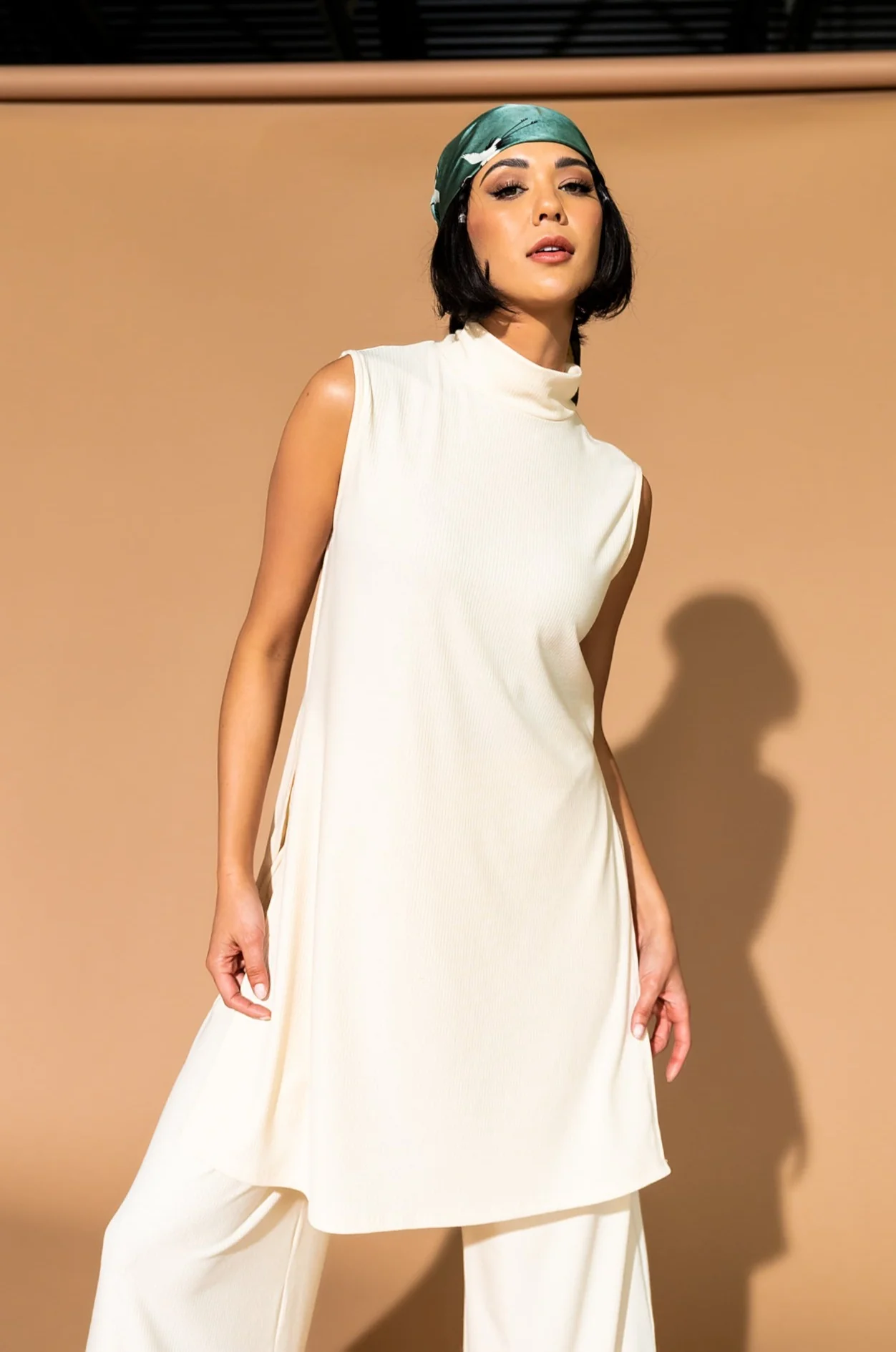 Gigi Sleeveless Ribbed Playsuit in Sand - Image 10
