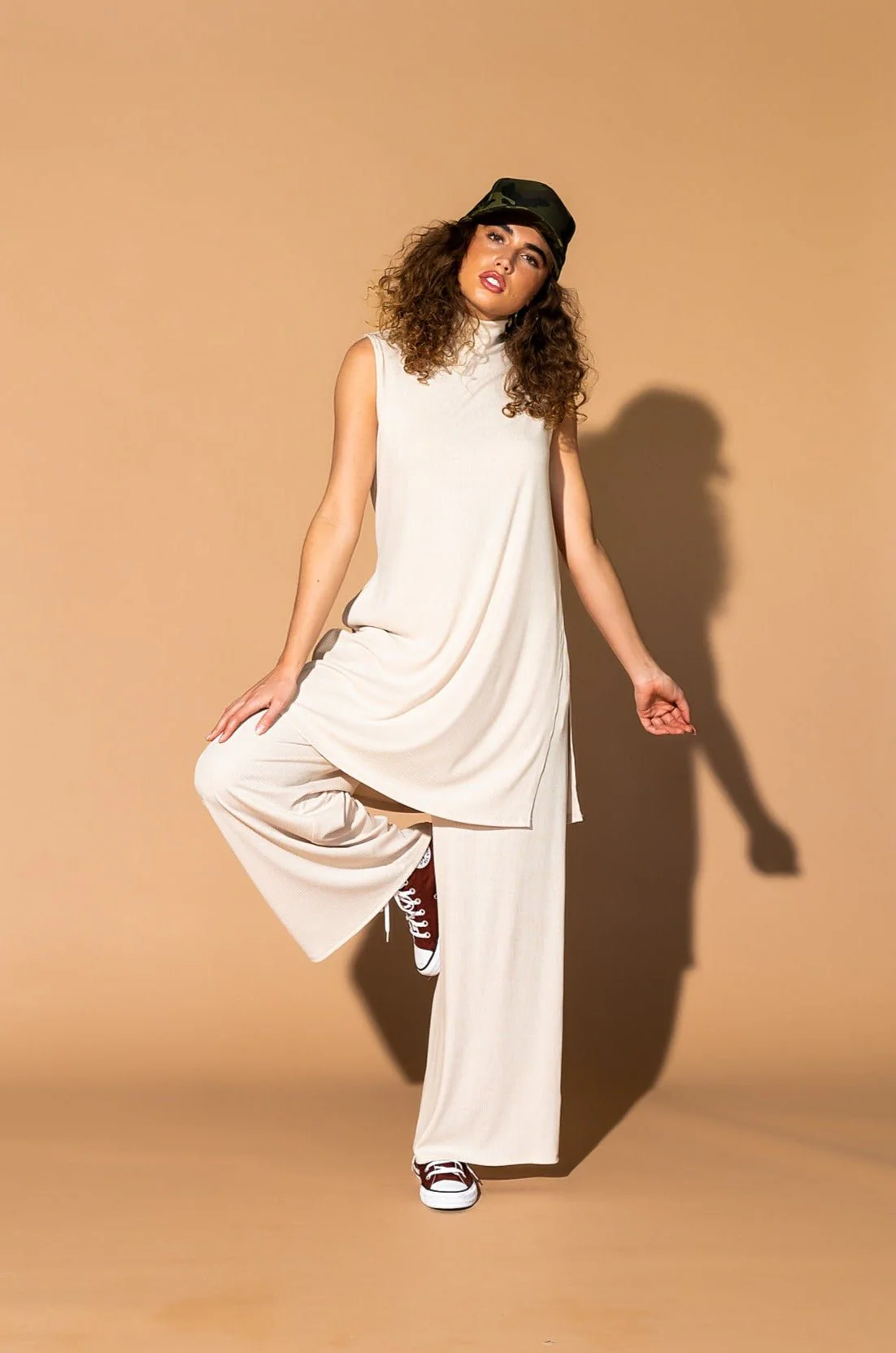 Gigi Sleeveless Ribbed Playsuit in Sand - Image 11