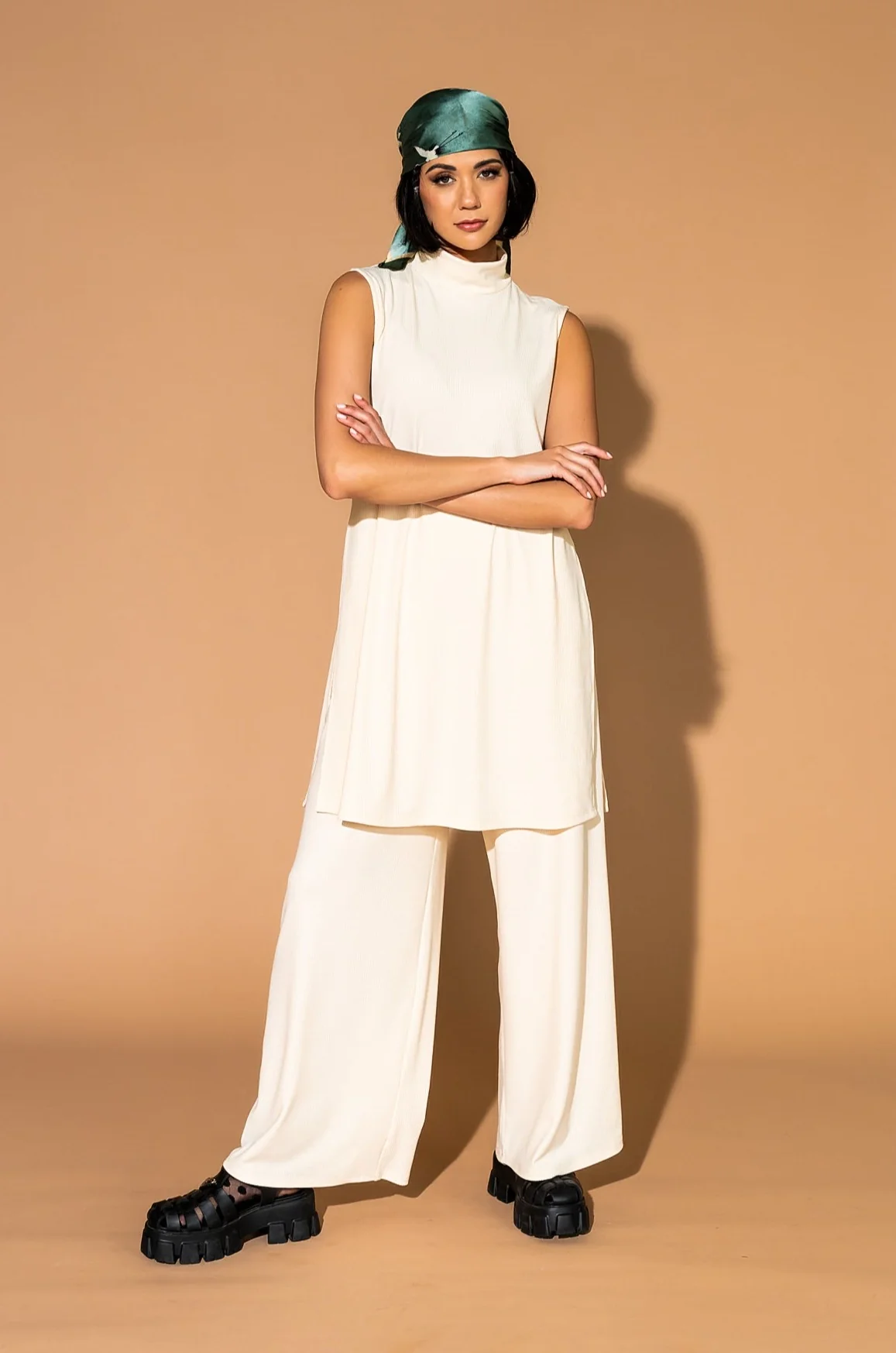 Gigi Sleeveless Ribbed Playsuit in Sand - Image 14