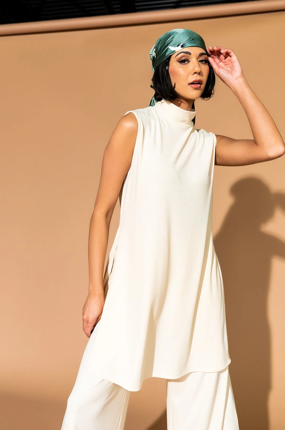 Gigi Sleeveless Ribbed Playsuit in Sand - Image 4