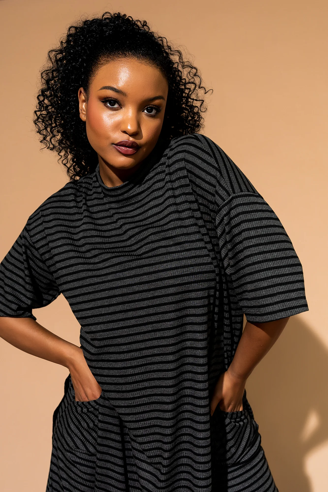 Leveled Up Ribbed Playsuit in Charcoal Stripe - Image 3