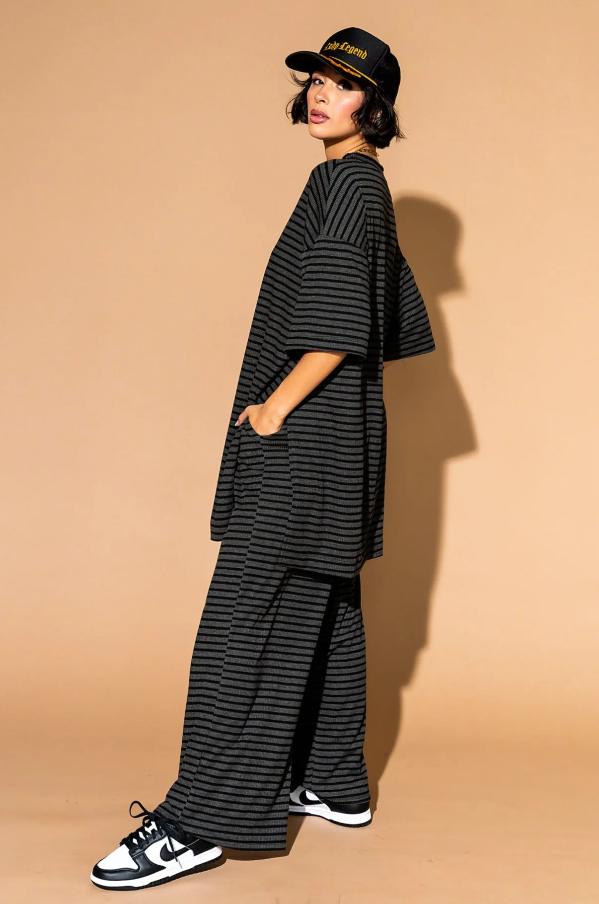 Leveled Up Ribbed Playsuit in Charcoal Stripe - Image 7