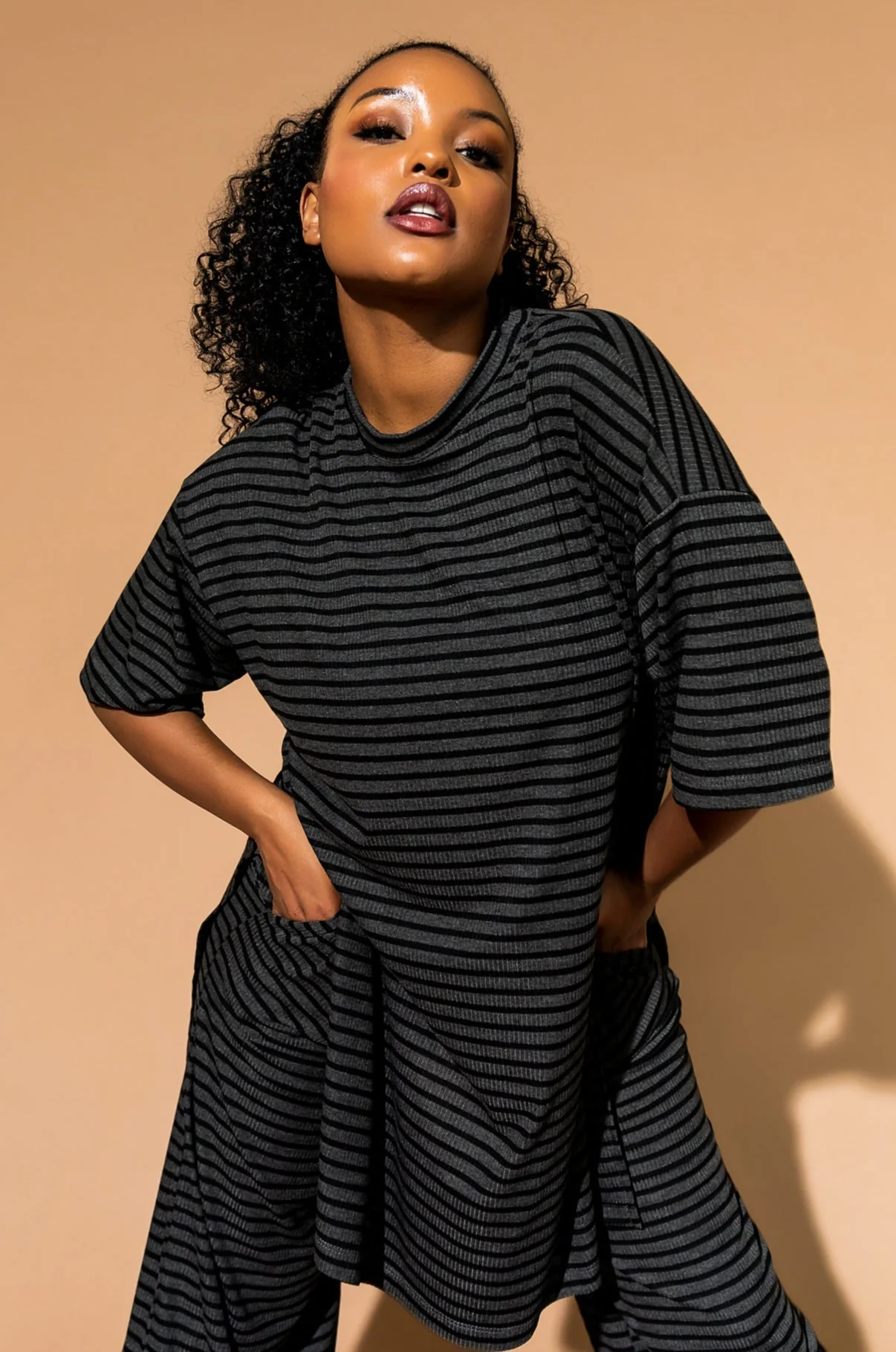 Leveled Up Ribbed Playsuit in Charcoal Stripe - Image 9